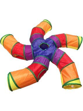 Colorful Cat Tunnel Tube with 6 Peek Holes - Collapsible 5-Way Play Maze for